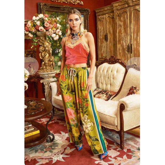 Arratta Pants - Arratta French Riviera pants bright green floral wide leg size medium